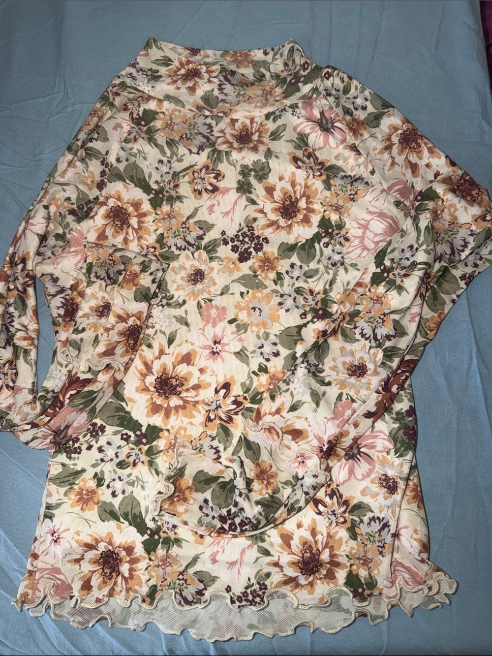 Promesa Floral Ruffle-Hem Top in Cream, Pink and Green